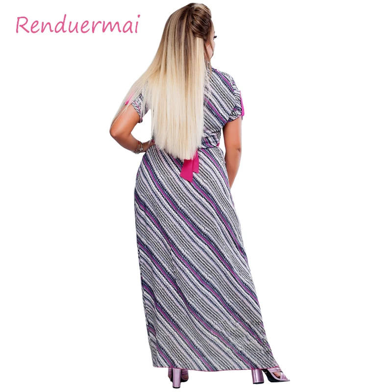 Осень 2017 г. платье большой Размеры женская одежда короткий рукав полосатый макси