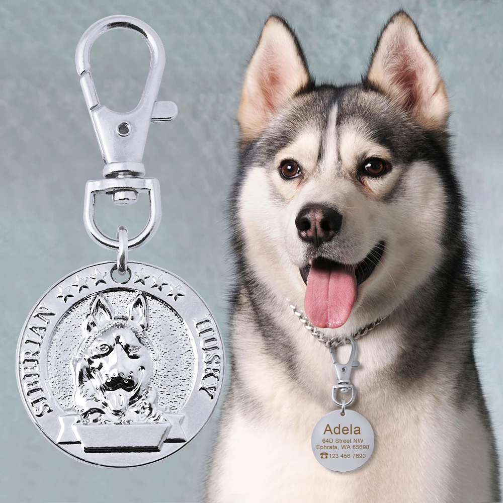 Siberian Husky Индивидуальные Выгравированные бирки с именем собаки, персонализированные ID бирки для собак, табличка с именем французского бульдога, анти-потеря, подвеска для домашних животных, воротники, ожерелье - Цвет: Siberian Husky
