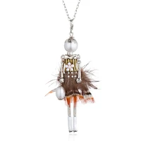peacock feather pearl flower short dress doll pendant necklaces pearl head cute girl statement maxi jewelry long chain collares