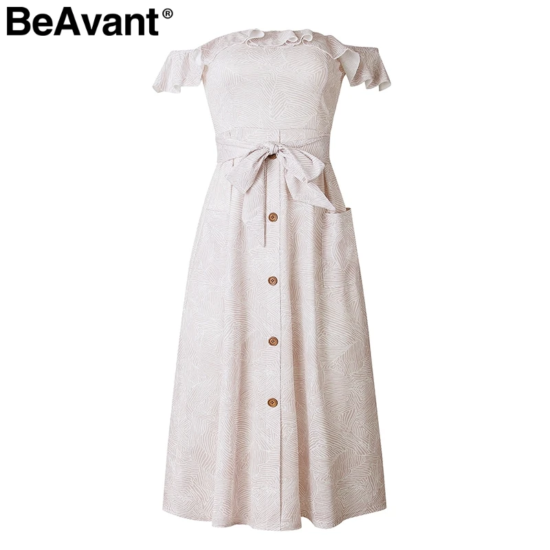 Apricot BeAvant, элегантное женское летнее платье с открытыми плечами, с оборками, богемное, с принтом, длинное платье, с высокой талией, с поясом, на пуговицах, женские платья - Цвет: Apricot