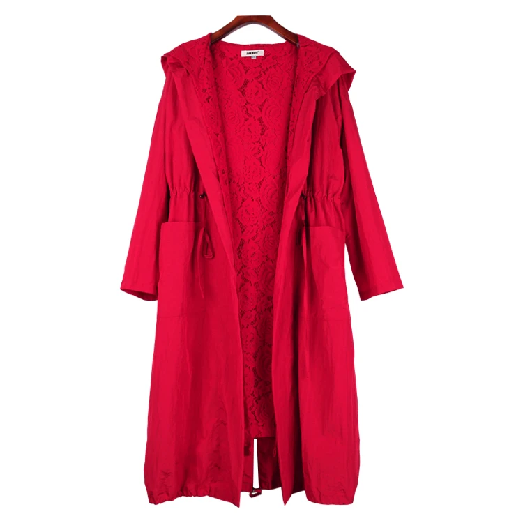 

Queechalle Autumn Long Coat Women's Windbreaker Black Red Plus Size Trench Female Clothes Lace Patchwork Casual Trench Coat