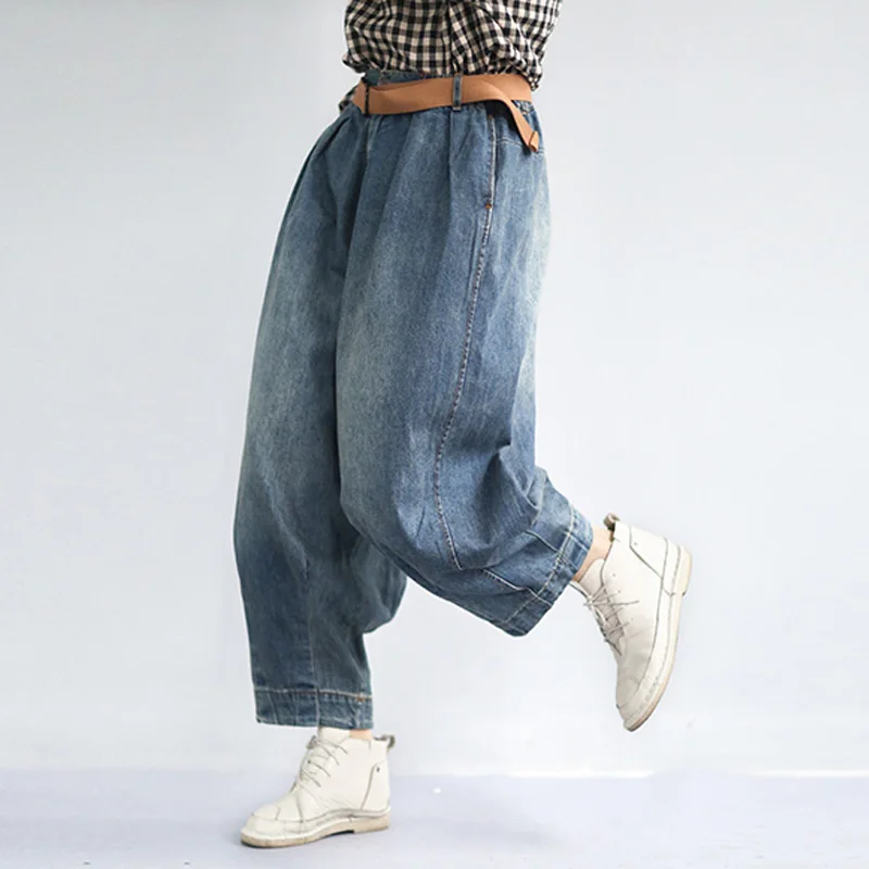 Women Denim Pants Blue Pockets Vintage Trouser 2019 Spring New Button Fly Wide Leg Pants For Women Clothing Casual