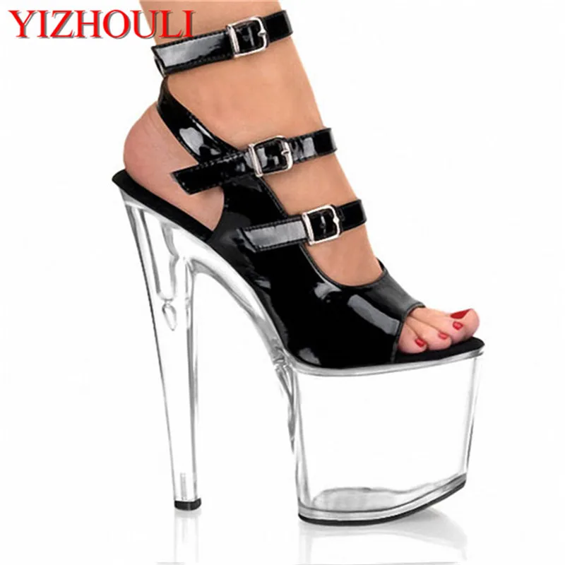 Sexy see-through heels, 20cm pole pumps with ankle straps, peep-toe crystal soles, model party heels, dancing shoes