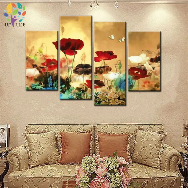 

Handpainted glod yellow flower canvas picture chinese japanese style lotus flowers oil painting modern home decoration art sets