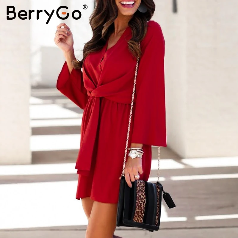 Berrygo сексуальное свободное женское платье с v образным вырезом и высокой талией