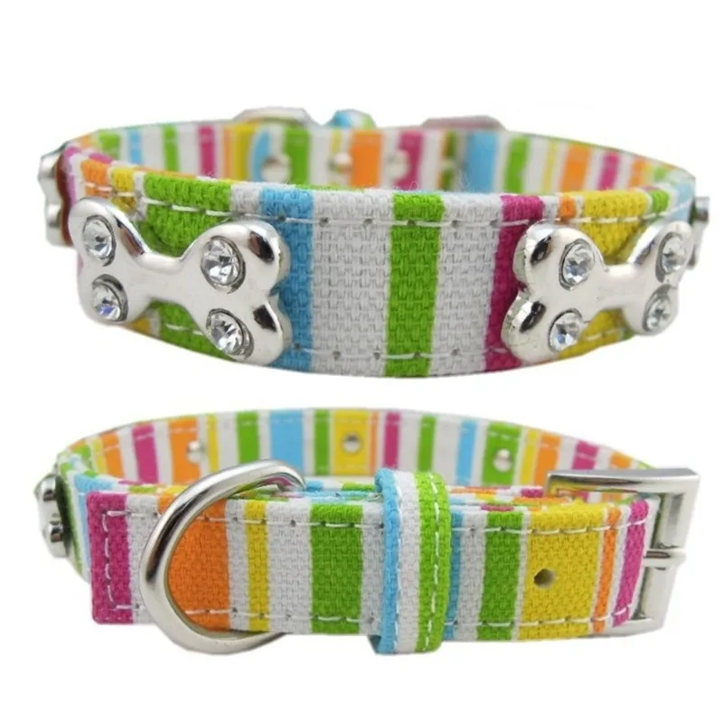 

Colorful Canvas Pet Dog Collar Bone Rhinestone Collar For Puppy Cat S/M