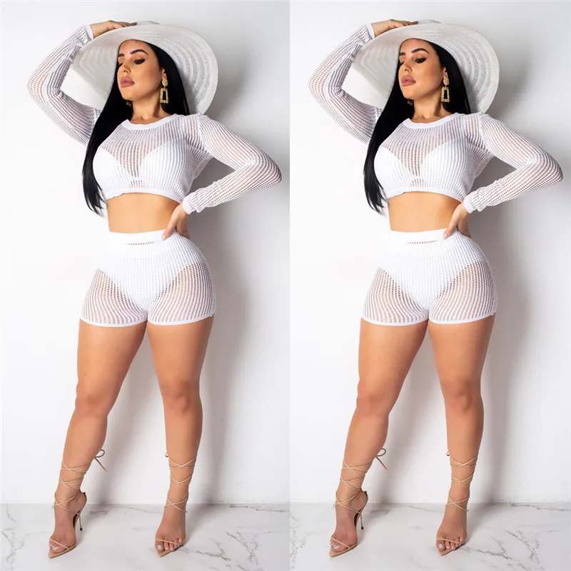 Women Hollow Mesh Two-pieces Bikini Cover-up T-Shirt Long Sleeve Transparent Crop Top and Slim Bottom Swimwear Batihing Suit | Спорт и
