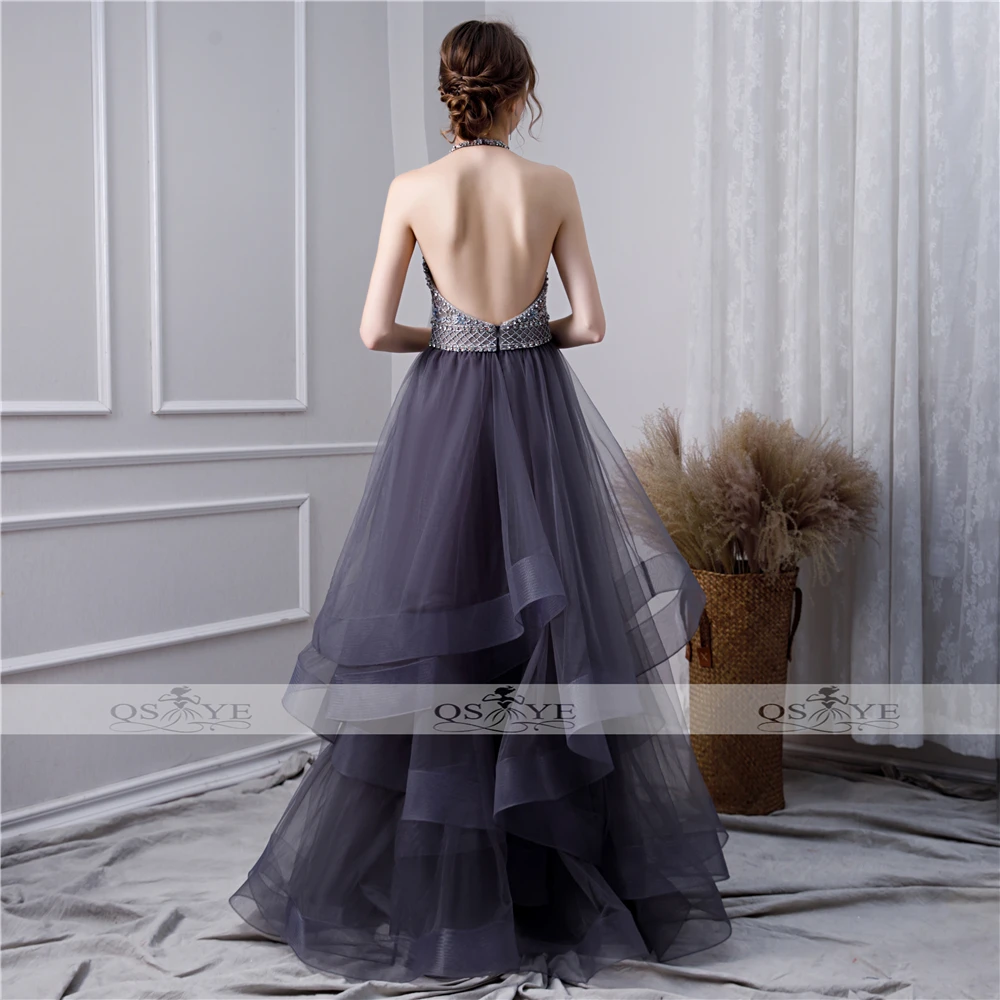 QSYYE Новое серое длинное платье для выпускного вечера Robe de Soiree с бретелькой через шею, с бусинами, цветами, Тюлевое сексуальное вечернее платье с открытой спиной, вечерние платья