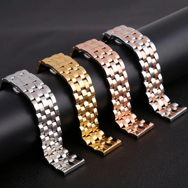 High Quality Butterfly Clasp Watchband 18mm 20mm 22mm 24mm Stainless Steel Watch Band Strap Men Silver Gold Bracelet Solid Link