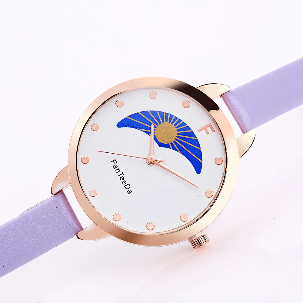 FanTeeDa relogio feminino Sun and moon Аналоговый Кожаный ремешок кварцевые наручные часы женские
