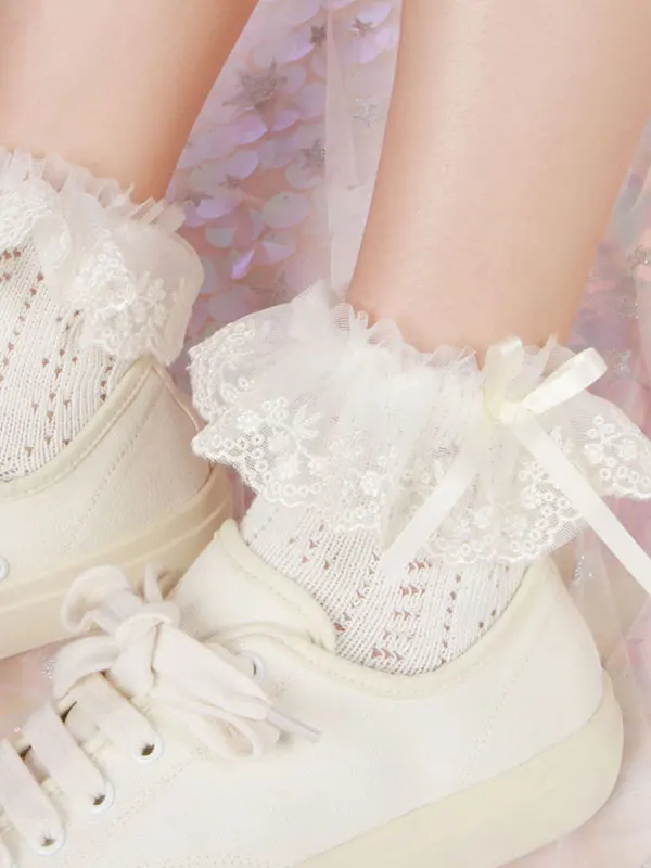Белые носки в стиле &quotЛолита&quot кружевные хлопковые с бантом | Тематическая