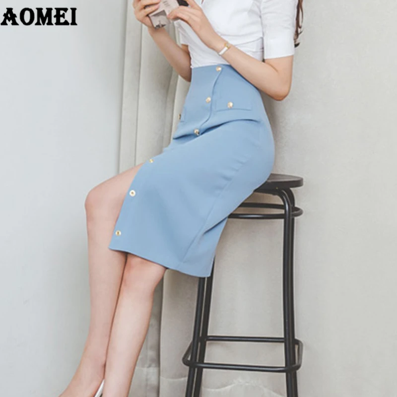 Office Ladies Skirt Workwear Summer High Split Button Up Pockets Casual Women New Arrival Elegant Jupes Female faldas Tutu Saias | Женская