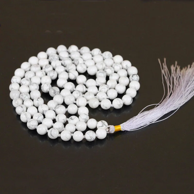Эксклюзивный 108 Белый Howlite камень бусы ожерелье Длинная кисточка духовная Йога