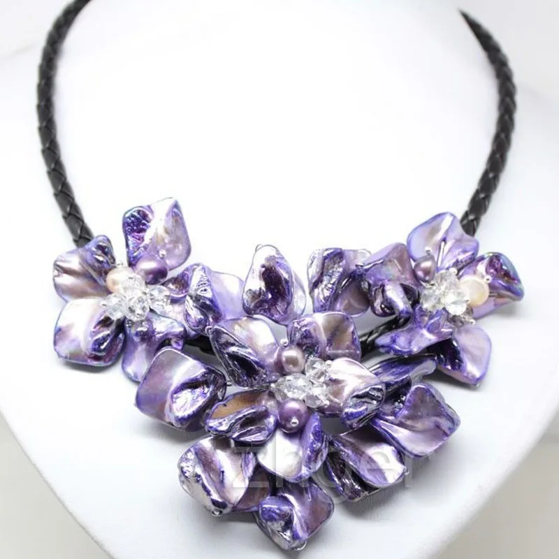 

18 inches Natural Leather Cord Three Purple Shell Flower Women Handmade Rice Pearl Necklace