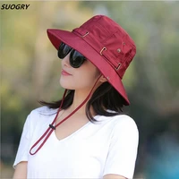 suogry foldable adult lady summer cotton breathable bucket hats wind rope fixed adjustable sunscreen uv protection sun hat