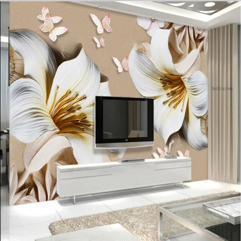 

beibehang Large Custom Wallpaper Relief Lily Yulan 3d TV Backdrop Wall Living Room Bedroom Bedroom Decorative Painting
