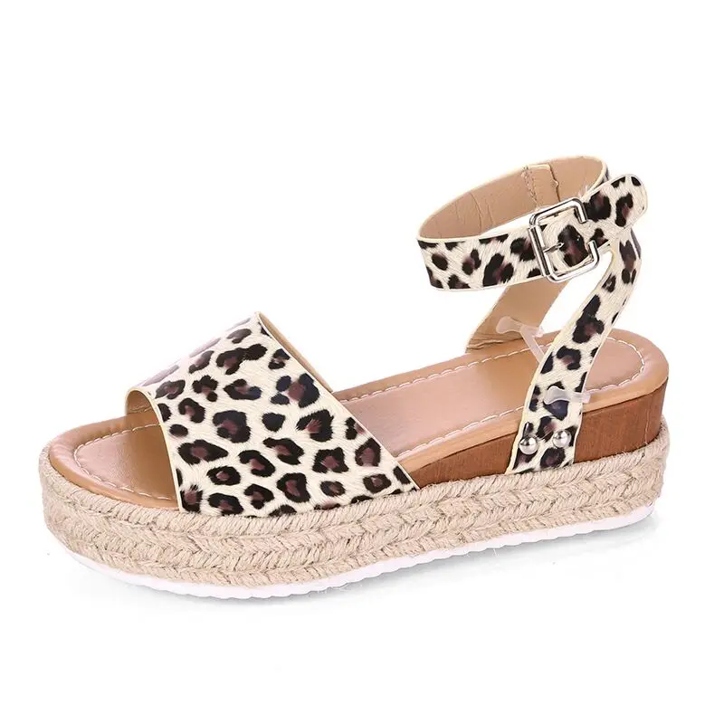 Leopard Женские босоножки; большие размеры; женская обувь на танкетке; босоножки на высоком каблуке; Летняя обувь; пикантные эспадрильи; сандалии-гладиаторы на платформе - Цвет: Leopard