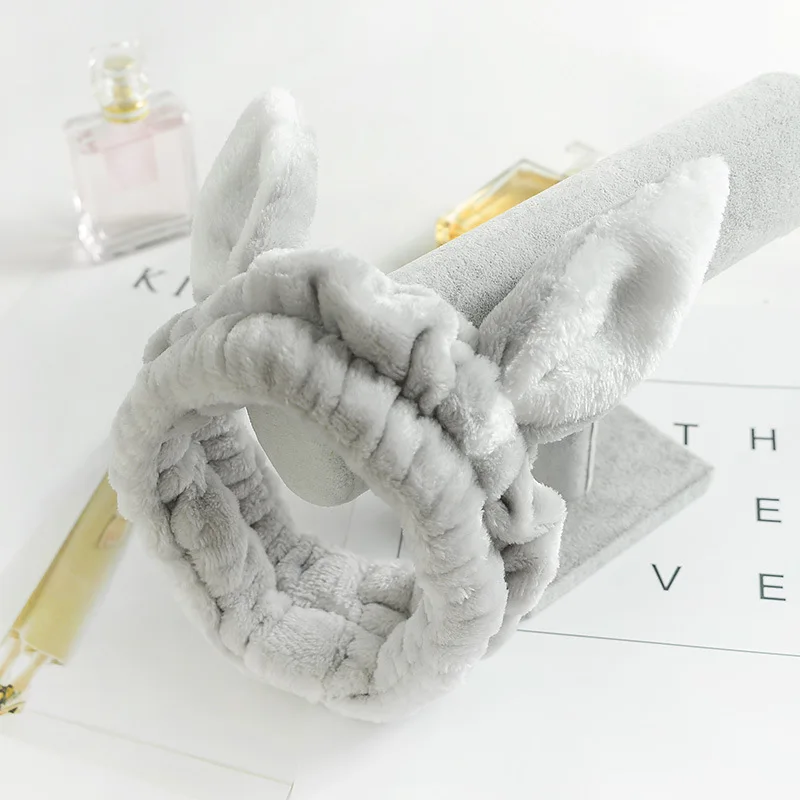 Gray rabbit ear Милая мягкая флисовая женская повязка на голову с заячьими ушками для макияжа, повязка для волос для мытья лица, спа-маска для душа - Цвет: Gray rabbit ear