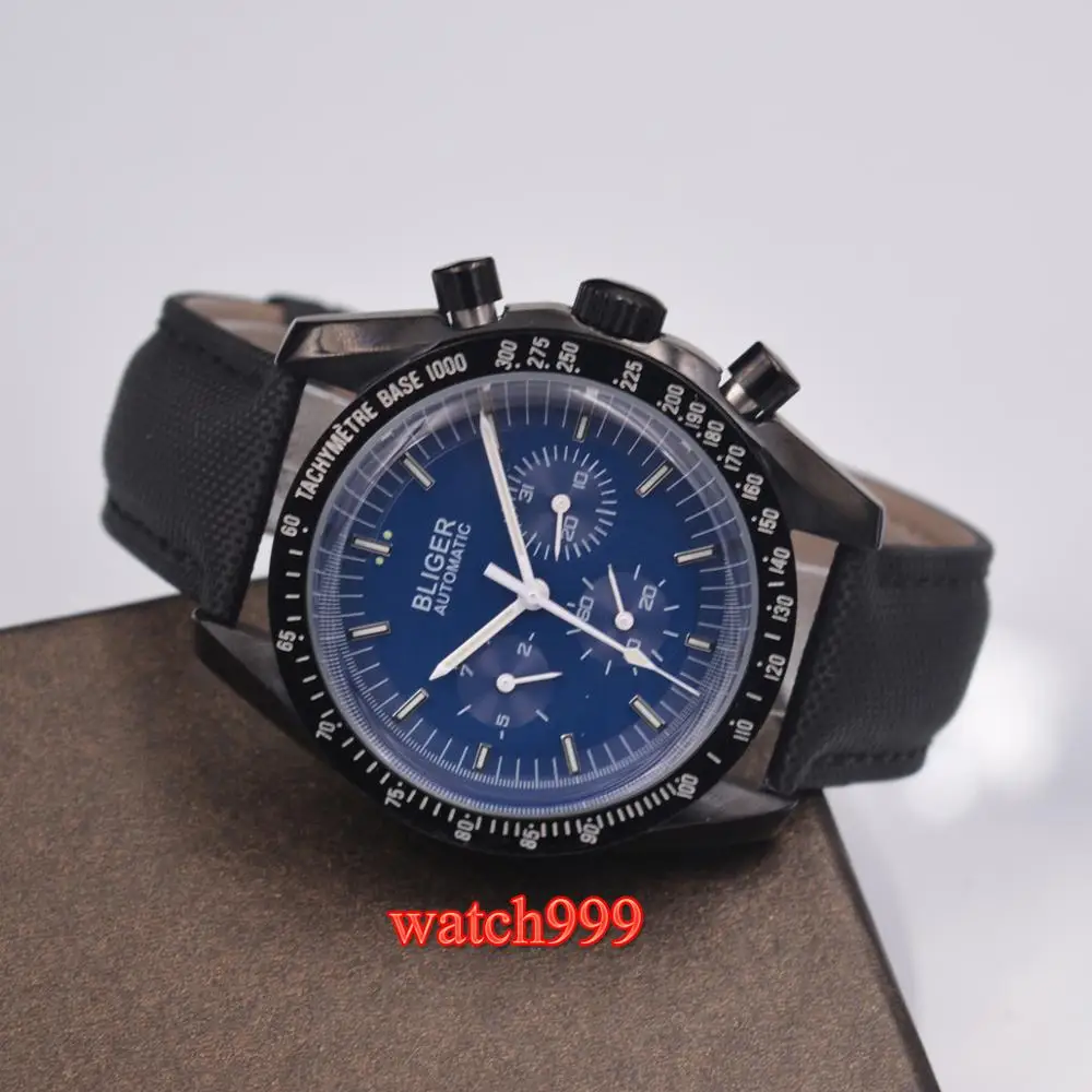 40mm Bliger Blue Dial Black Leather Strap 316L Plastic Case Date Mechanical Automatic Men's Watch | Наручные часы