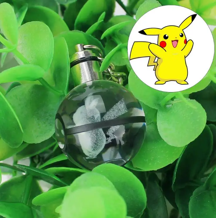 Pikachu Горячая игра Pokemon Go гравировка круглый 3D Хрустальный шар светодиодный брелок красочный кулон Детский Рождественский подарок - Цвет: Pikachu