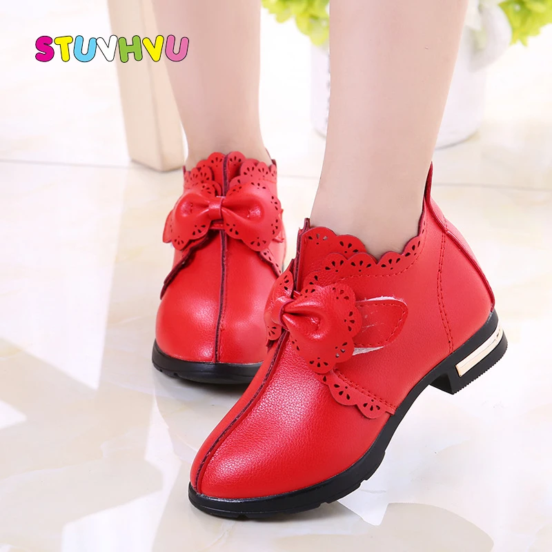 

Girls Leather Shoes Autumn 2021 New Student Princess Shoes Fashion Lace Bow Children Girl Shoes Kids Short Boots Black Red Pink