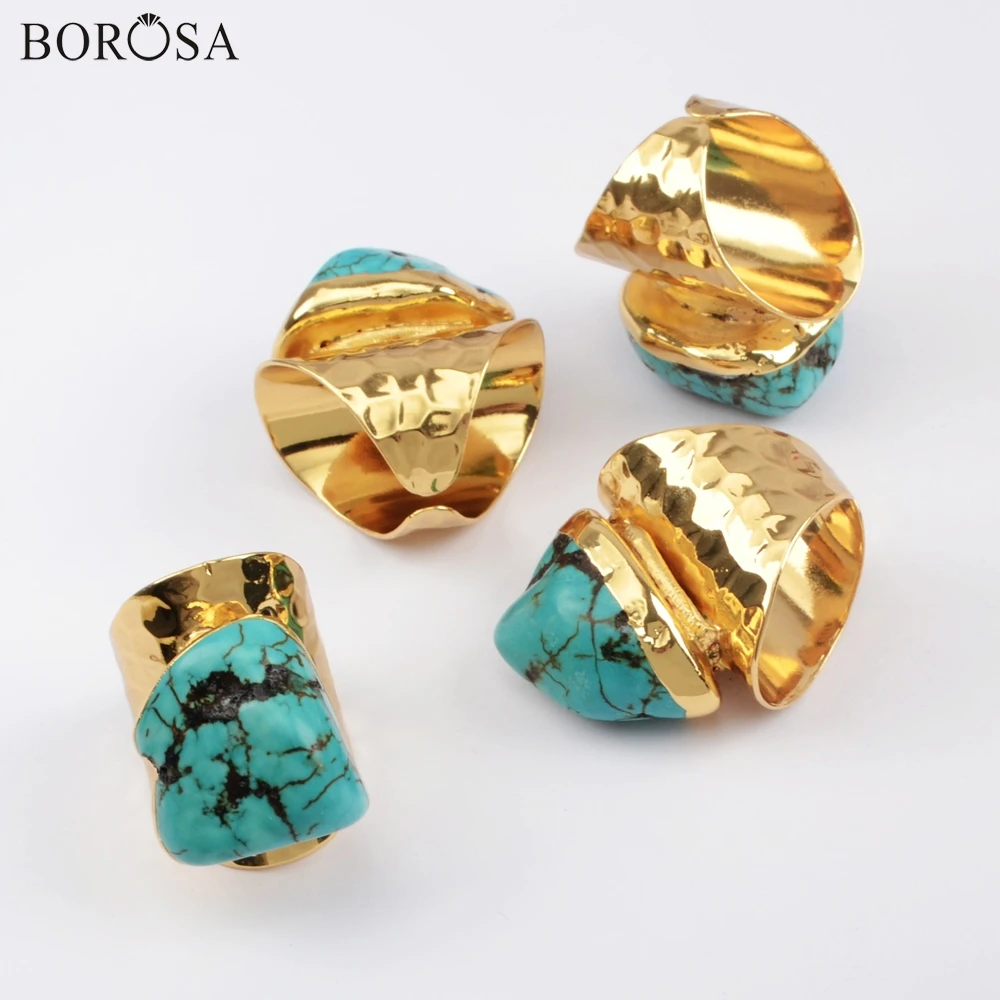Женские кольца BOROSA натуральная бирюза опт синие грубые с камнями Howlites Gild