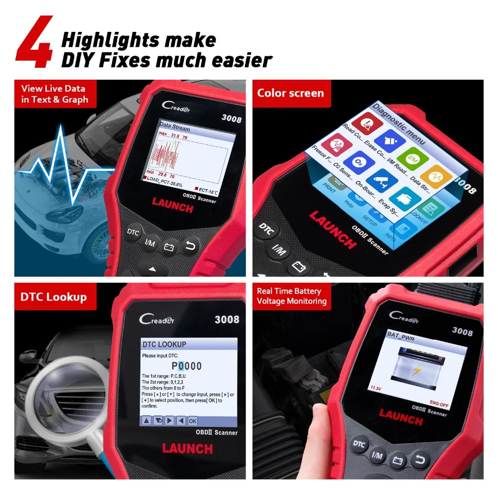 Авто Creader LAUNCH CR3008 OBD2 EOBD считыватель кода неисправности автомобиля сканер PK NT301 CR3001 KW850 OBDII считыватель кода ошибки для тестирования двигателя