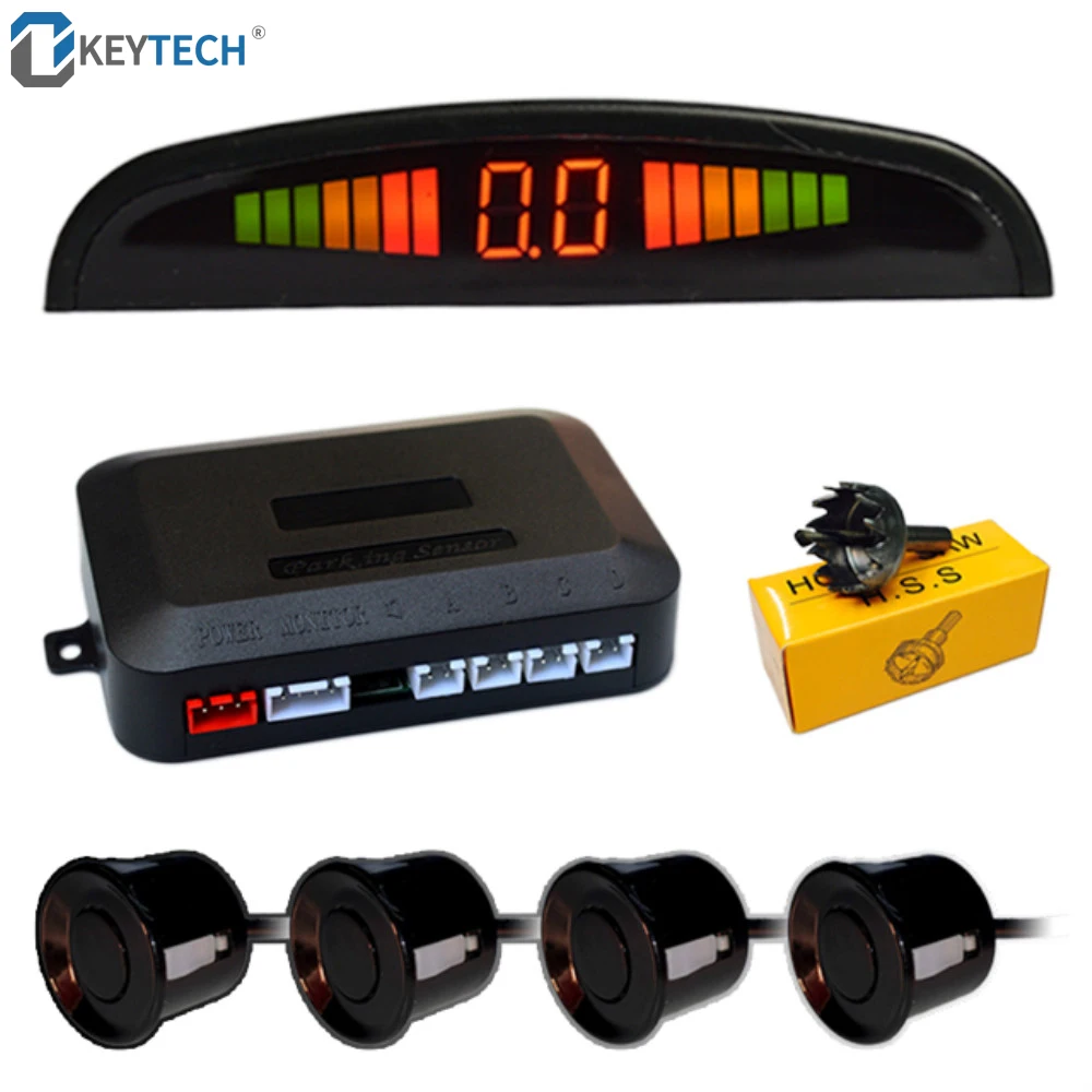 

OkeyTech Car Parking Sensor LED Kit 4 Sensors Buzzer Reverse Backup Radar Sound Alert Indicator Probe System 12V Auto Parktronic