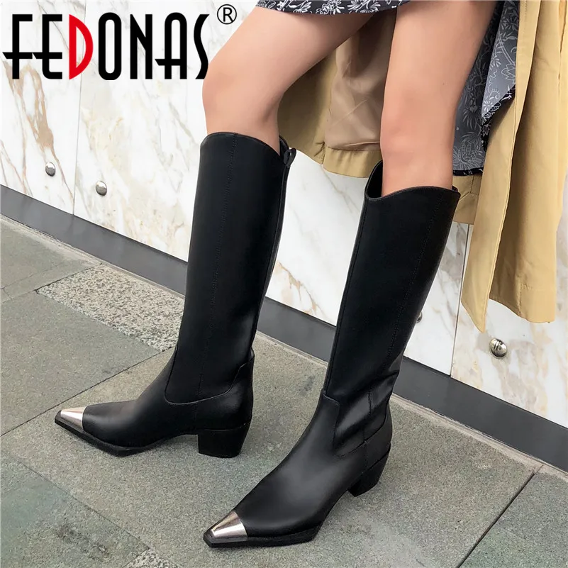 FEDONAS/ г. осенне-зимние качественные женские сапоги до колена из натуральной кожи без застежки модные вечерние сапоги в стиле панк с острым носком на высоком каблуке