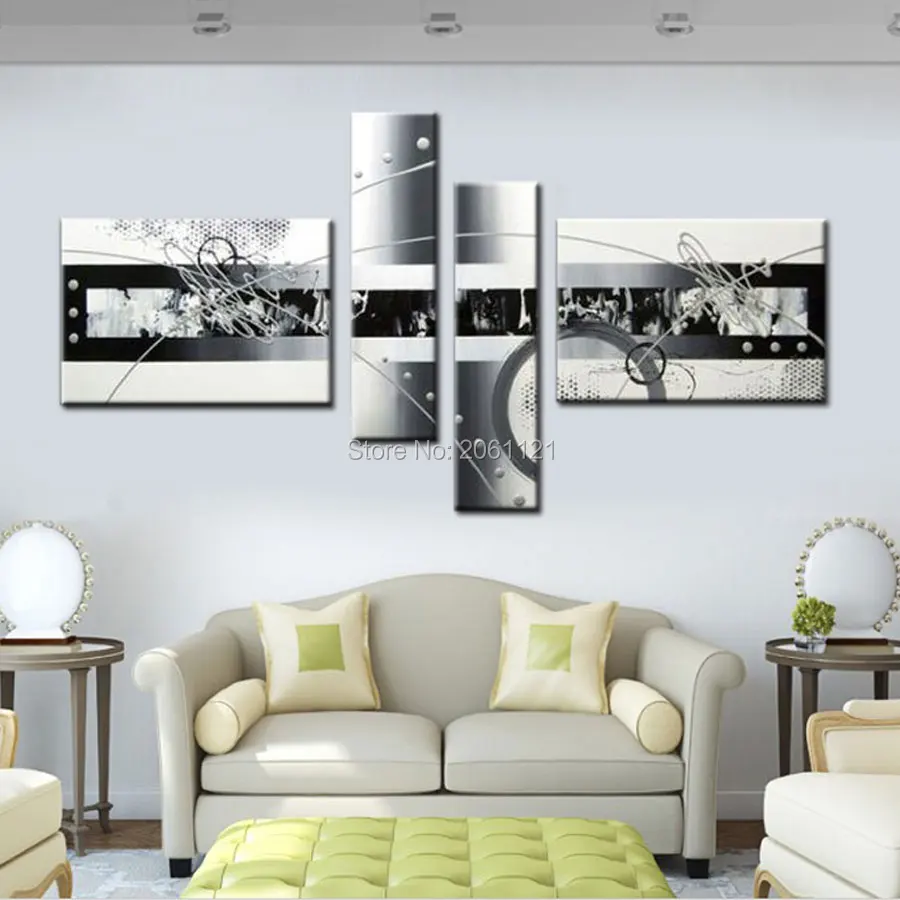 

Free shipping handpainted white silver gray modern abstract oil painting on canvas wall art 4 piece decorations for home PICTURE