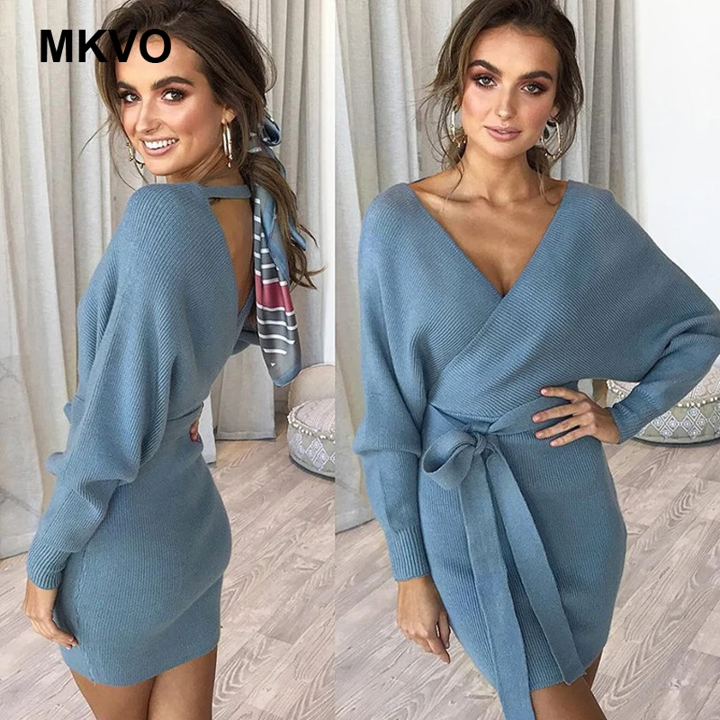 Новое Женское платье 2019 трикотажное мини повязка зимнее с v образным вырезом