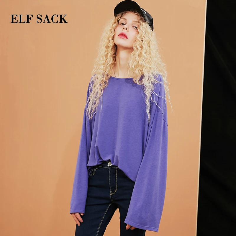 ELFSACK, осенняя новинка, женская футболка, повседневная, одноцветная, с круглым вырезом, женская футболка, полная, Harajuku, женская футболка, женские футболки, женские топы, одежда