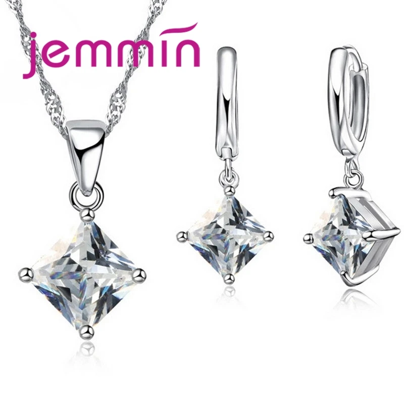 

Big Promotion 8 Colour Square AAA Crystal 925 Sterling Silver Pendants Earring Necklace Set Women Girls Party Jewelry