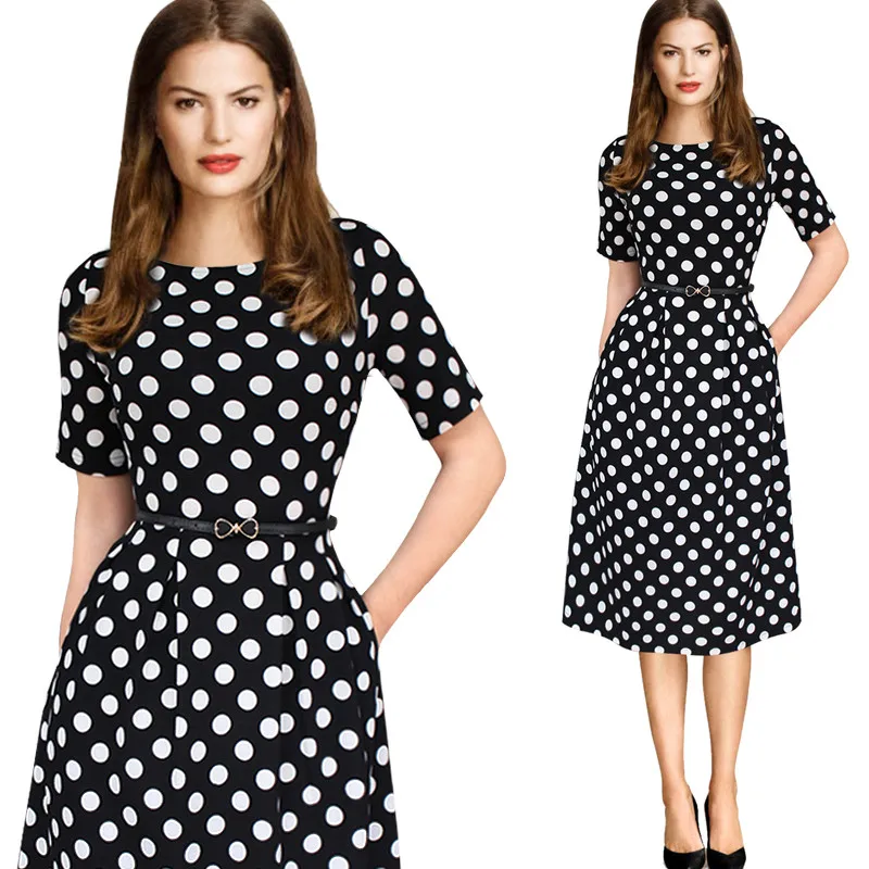 Ladies Dresses Summer New Dots Elegant Stylish Slim Tunic Short Sleeve Knee Polyester Fibers |