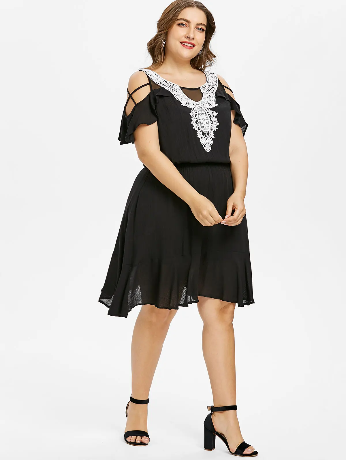 Wipalo Plus Size 5XL Guipure Trim Cold Shoulder Ruffle Dress Women Summer O Neck Short Sleeves Lace A Line Casual Vestidos|Женские