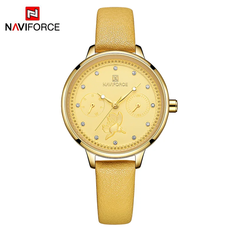 Gold NAVIFORCE лучший бренд класса люкс кристалл синий для женщин часы дамы кожа Водонепроницаемый Кварцевые наручные часы женский Дата Неделя дисплей часы - Цвет: Gold