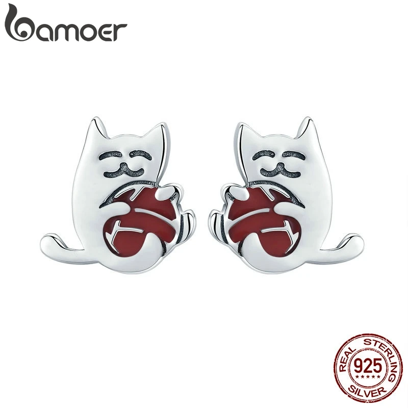 BAMOER,, 925 пробы, серебро, изысканный шарик из пряжи, кот, серьги-гвоздики для женщин, модные ювелирные изделия из стерлингового серебра SCE224