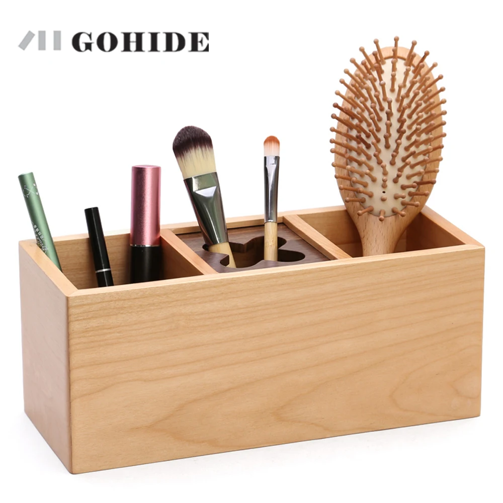 JUH Office Pen Holder Natural Wooden Box In 3-grids Desk Organizer Pencil Stand Simple Style Stationery Container | Дом и сад