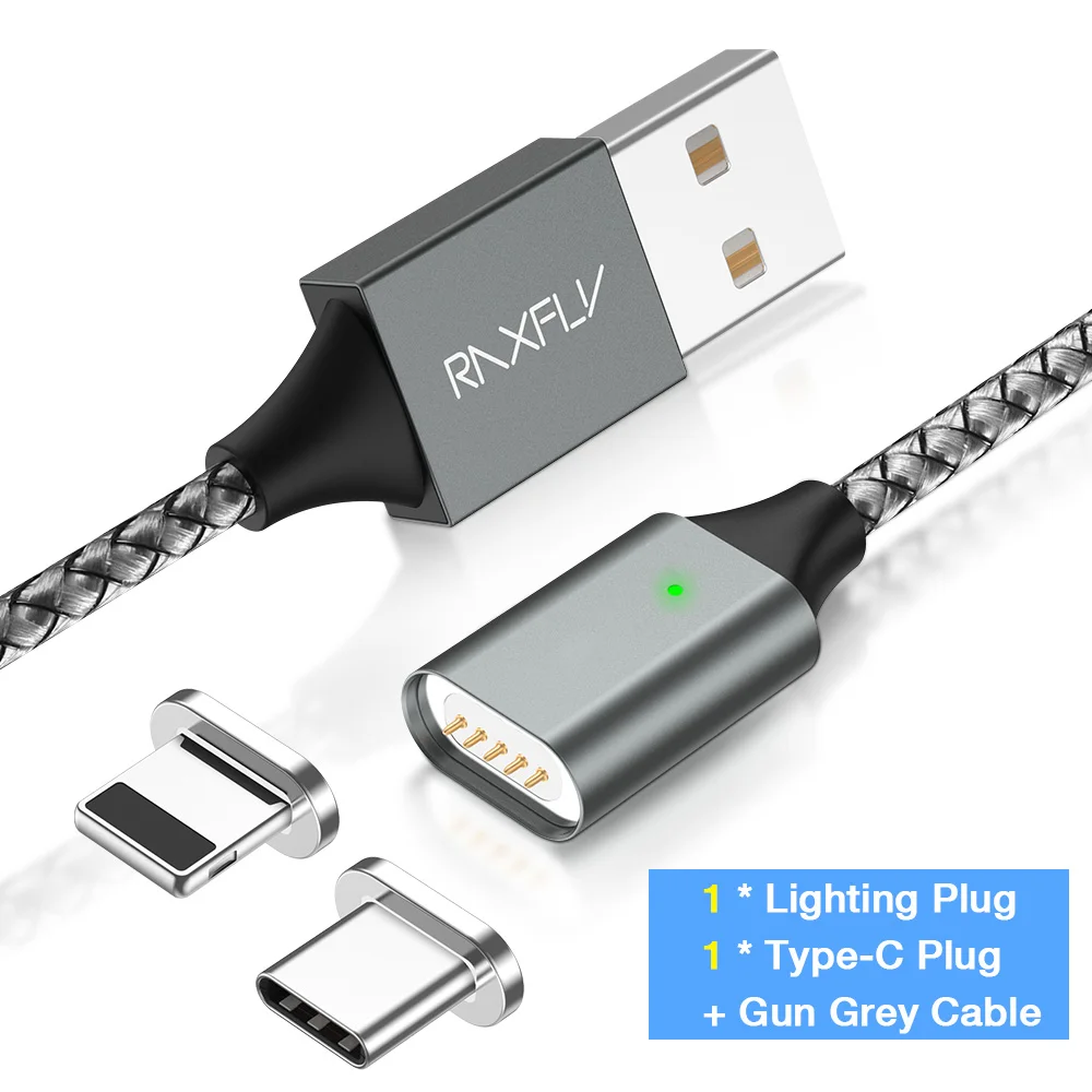 Магнитный зарядный кабель RAXFLY для iPhone X XS Max samsung S9, 1 м, кабель Micro usb type-C для Xiaomi, проводной шнур, кабель для мобильного телефона - Цвет: Grey Lighting Type C