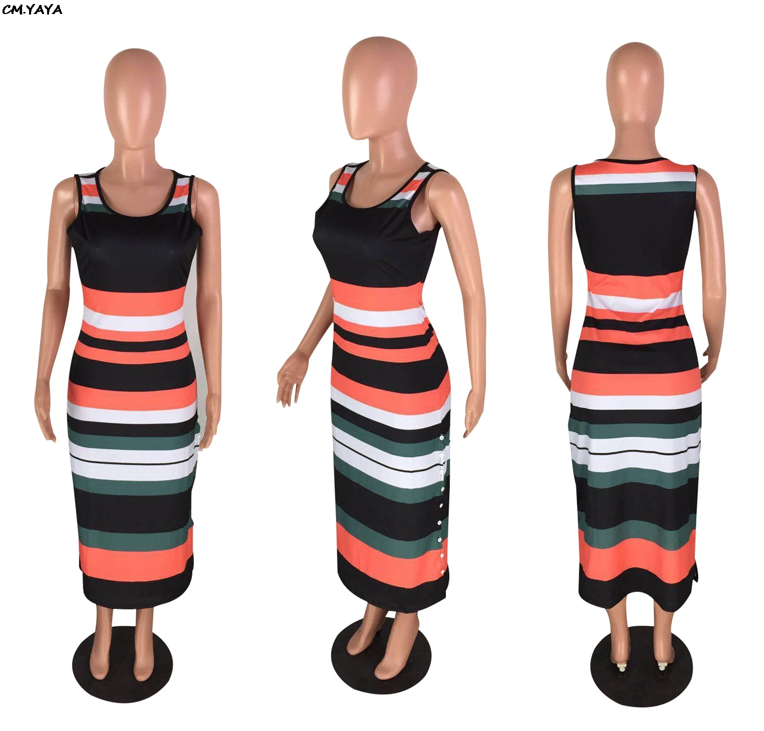 Новинка 2019 женское летнее облегающее платье макси в полоску без рукавов