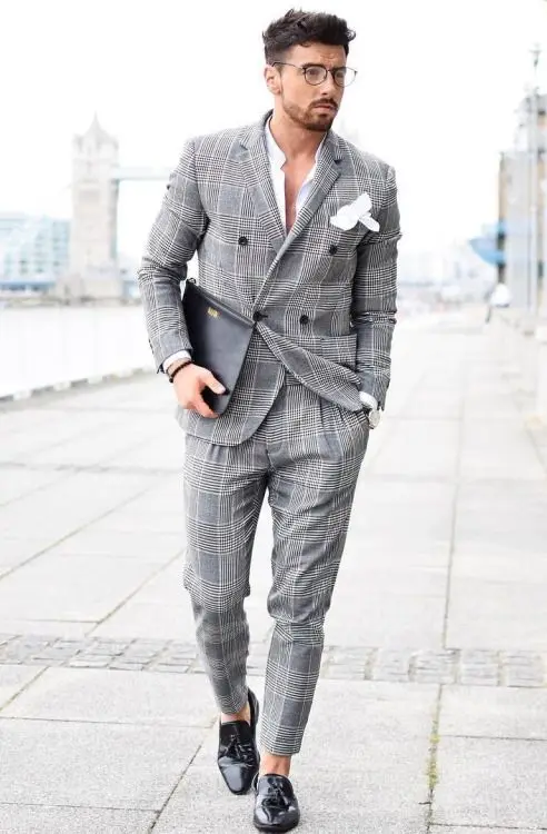 British Style Plaid suits men 2017 Cheap Suit For Men Slim Fit Tuxedos Notch Lapel Groomsmen Wedding Blazer(jacket+pant)