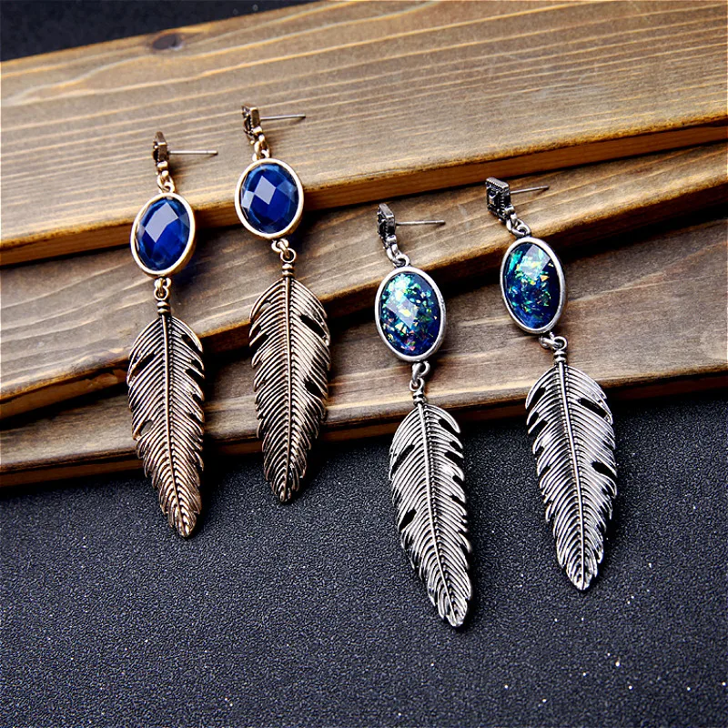 Nihaojewelry Retro Natural Stone Feather Pendant Earrings Gold Silver Color Alloy Fashion Jewelry for Woman |