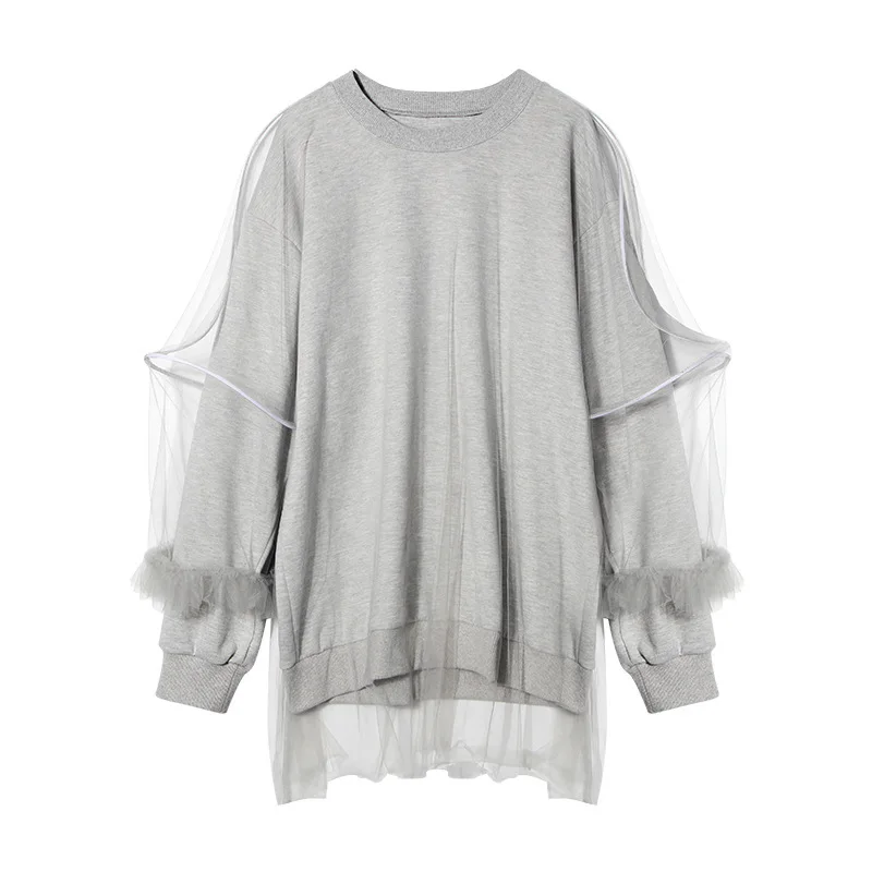 Gray TWOTWINSTYLE Лоскутная сетчатая Женская толстовка с круглым вырезом и длинным рукавом, теплая плотная Женская толстовка, осенняя зимняя модная новинка - Цвет: Gray