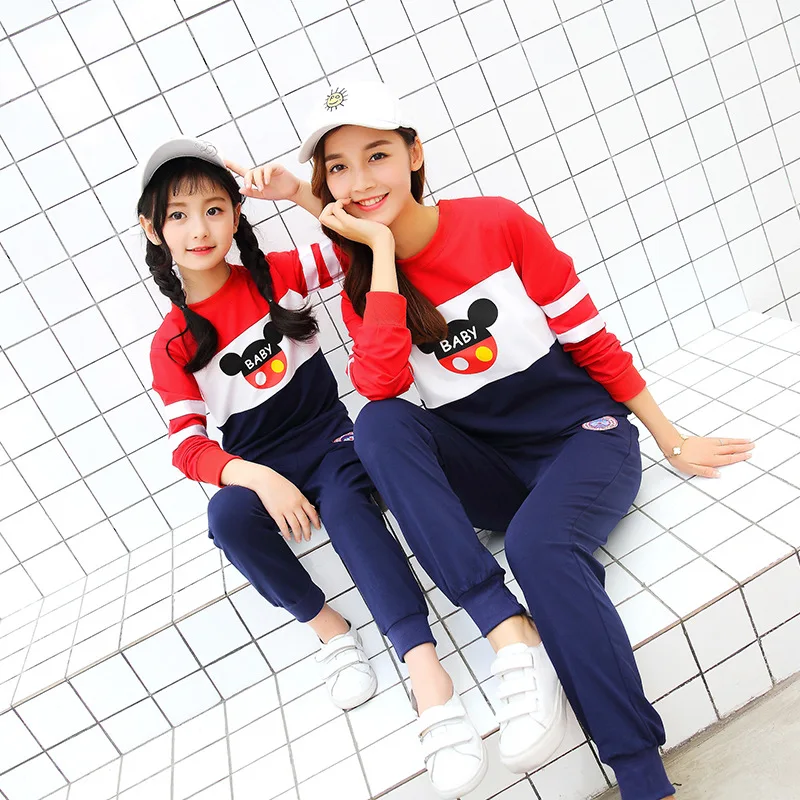Mother Daughter Fashion tracksuit women two piece set Children Wear Autumn New Mickey White Casual sports pants and clothes | Мать и