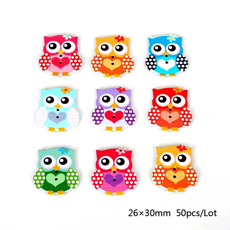 Owl 02 50 шт. 2 отверстия плоские деревянные Пуговицы Красочные смешанные животные цветок окрашенные кнопки DIY Одежда Ремесло шитье, скрапбукинг, аксессуары - Цвет: Owl 02