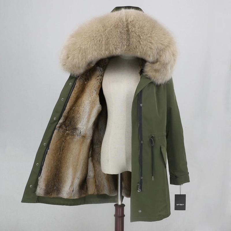 green dark beige Натуральное меховое пальто брендовая Водонепроницаемая зимняя куртка женская длинная парка воротник из натурального Лисьего меха капюшон Подкладка из натурального кроличьего меха съемный теплый - Цвет: green dark beige