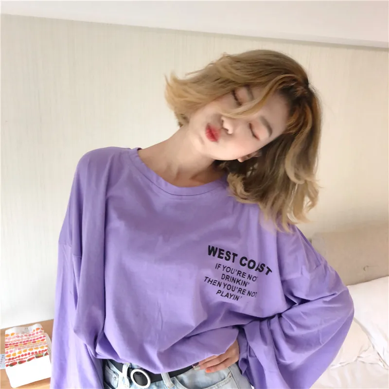

2019 Harajuku T-shirts Women Korean O Neck Batwing Sleeve Letter Print Weird Loose Tee Shirt Female Sweet Chic Long Sleeve Tees
