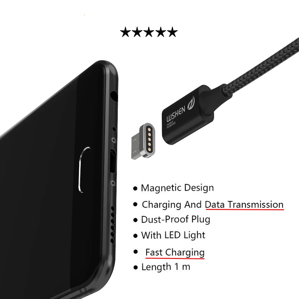 WSKEN Lite1 микро USB кабель Быстрая зарядка Магнитный кабель USB Магнитный кабель для зарядного устройства для iPhone type-c USB-C кабель 1 м