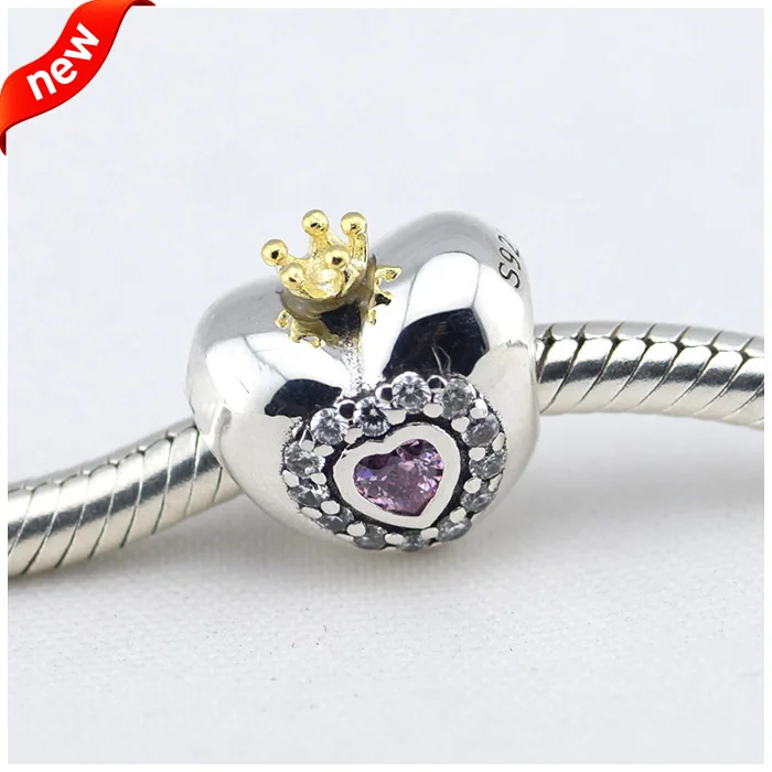 Подходит для Pandora Браслеты сердечными амулетами карт памяти с 14K Бог в виде короны