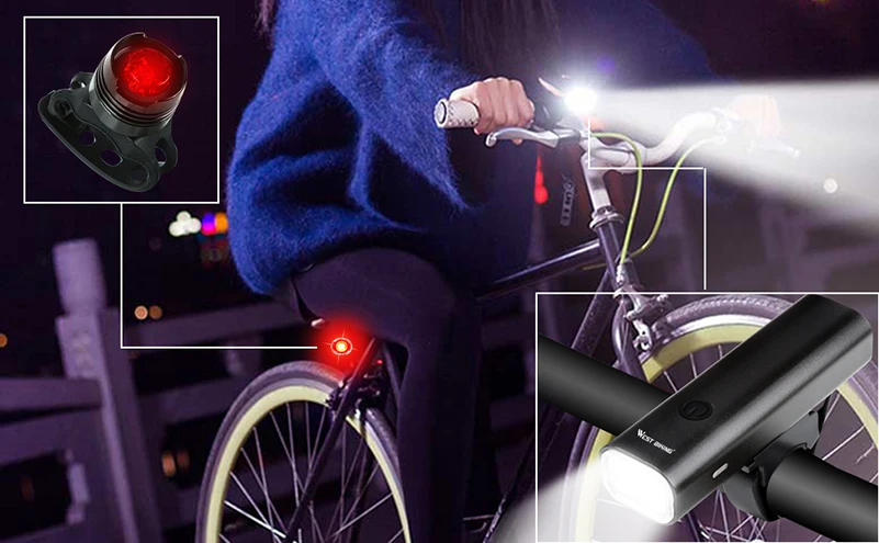 WEST BIKING, 200 люмен, велосипедный передний светильник, набор, USB, перезаряжаемый, MTB, велосипедный головной светильник, задний светильник, водонепроницаемый, светодиодный, велосипедный светильник